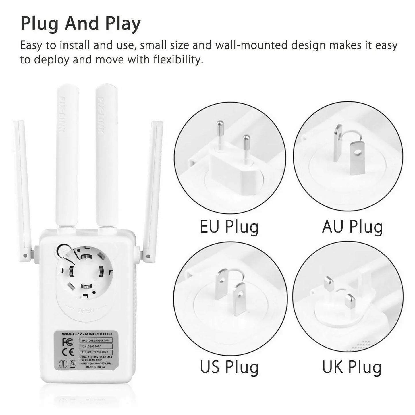 PIX-LINK 300Mbps WiFi Repeater & Router – Long-Range Signal Booster with 4 Antennas (AU/UK/US/EU Plug)