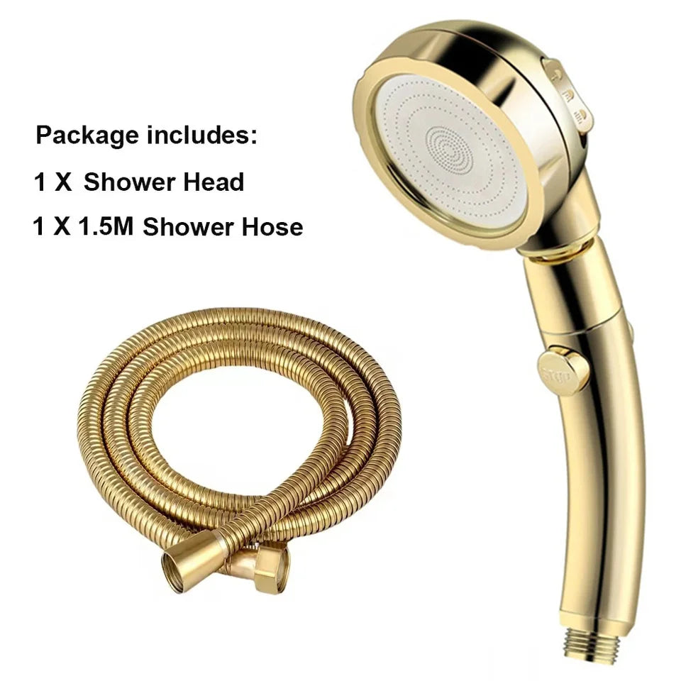 High Pressure Shower Head – 3 Spray Modes, Water Saving, with Hose & Holder (Gold/Silver)