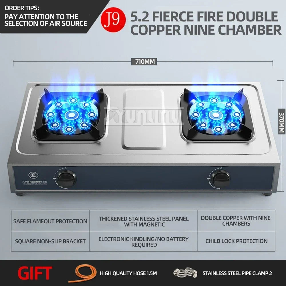 Double Burner Gas Stove – Stainless Steel High-Power Cooktop for Home Kitchen (Natural & LPG Gas)