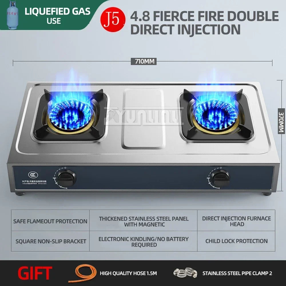 Double Burner Gas Stove – Stainless Steel High-Power Cooktop for Home Kitchen (Natural & LPG Gas)