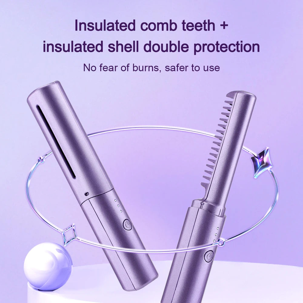 2-in-1 Electric Hot Heating Comb Hair Straightener Iron Straightening Brush Fast Charging Wet Dry Use Quick Hair Styling Tool