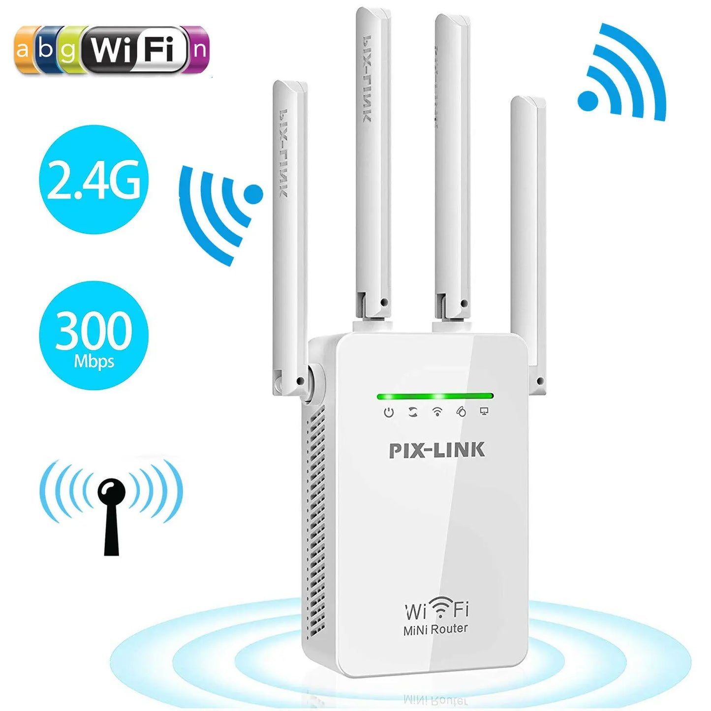 PIX-LINK 300Mbps WiFi Repeater & Router – Long-Range Signal Booster with 4 Antennas (AU/UK/US/EU Plug)