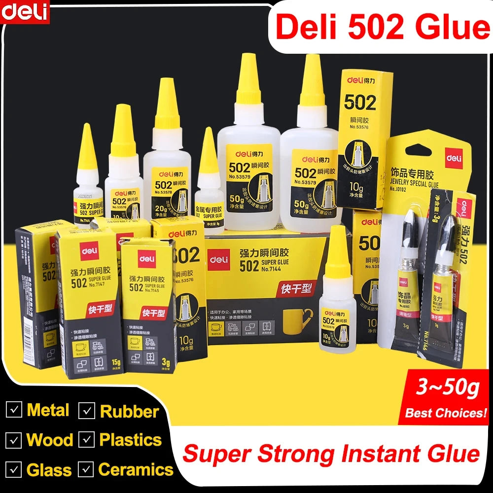 Deli 502 Super Glue – Instant Strong Adhesive for Plastic, Metal, Wood & More (3g–50g)