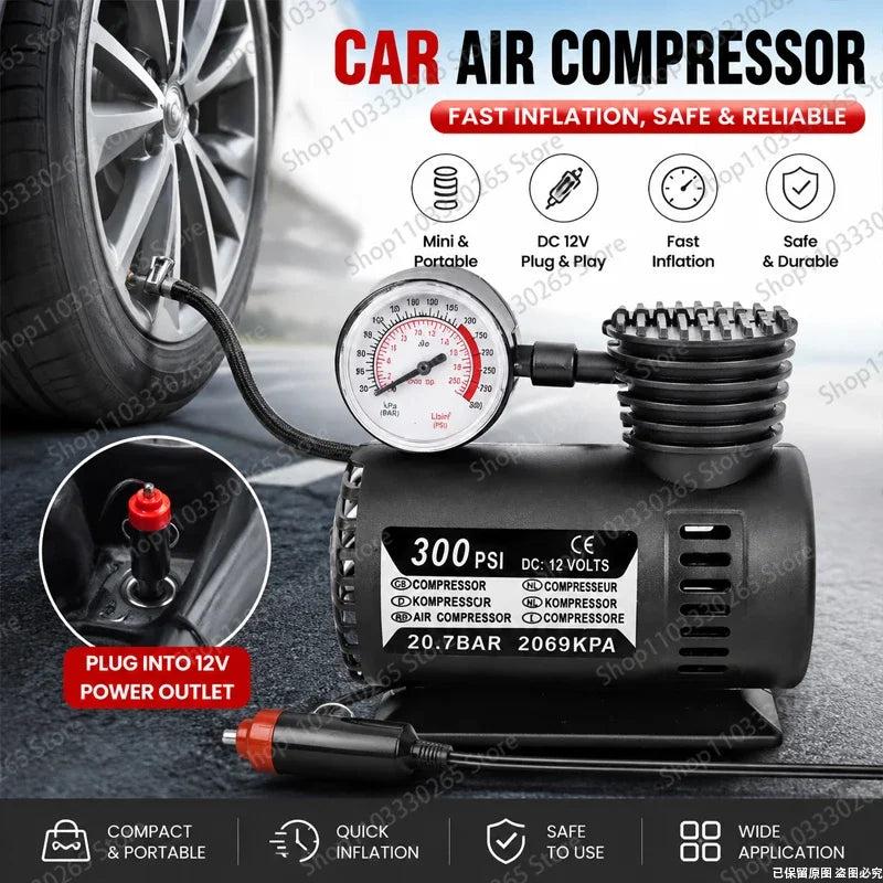 DC 12V 300PSI Portable Car Air Pump, Compact Tire Inflator with Pressure Gauge for Cars, Bikes & Sports Balls