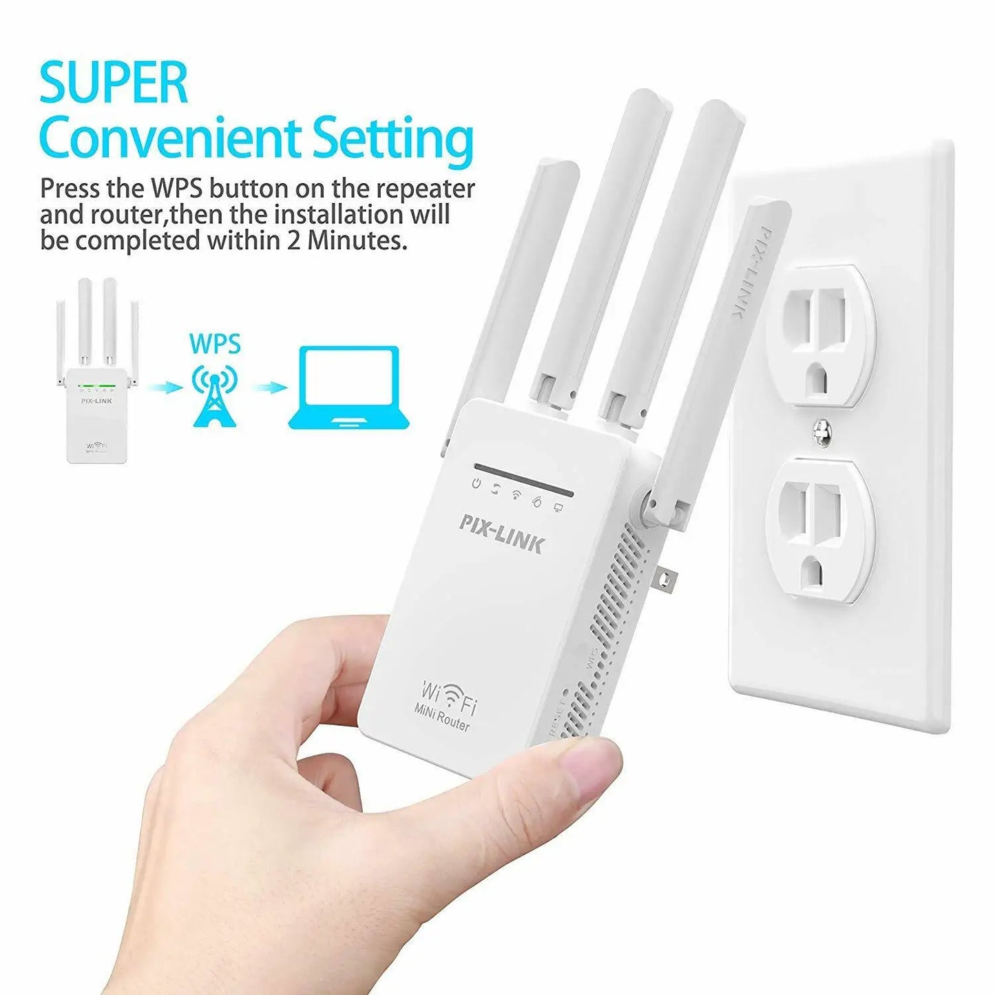 PIX-LINK 300Mbps WiFi Repeater & Router – Long-Range Signal Booster with 4 Antennas (AU/UK/US/EU Plug)