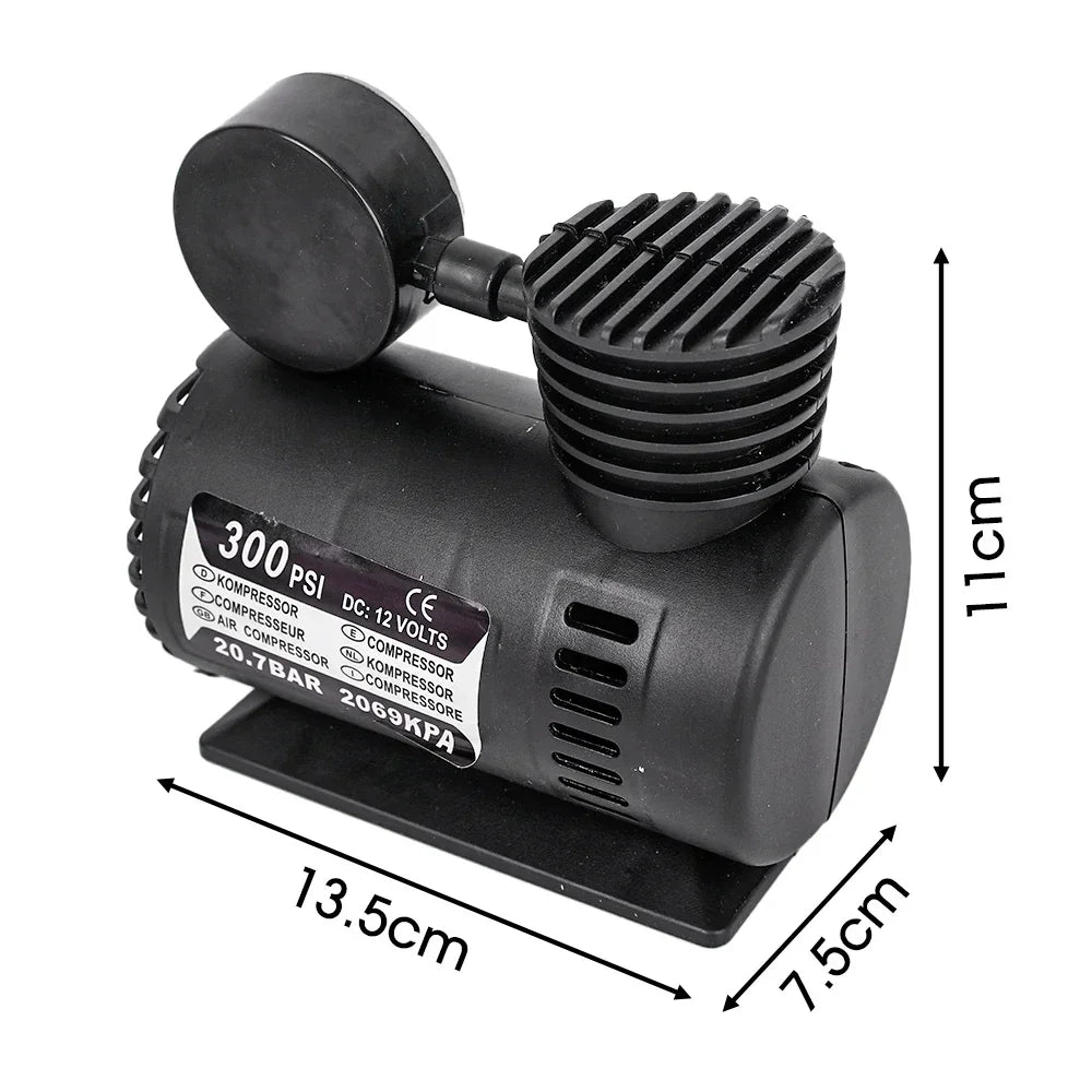 DC 12V 300PSI Portable Car Air Pump, Compact Tire Inflator with Pressure Gauge for Cars, Bikes & Sports Balls
