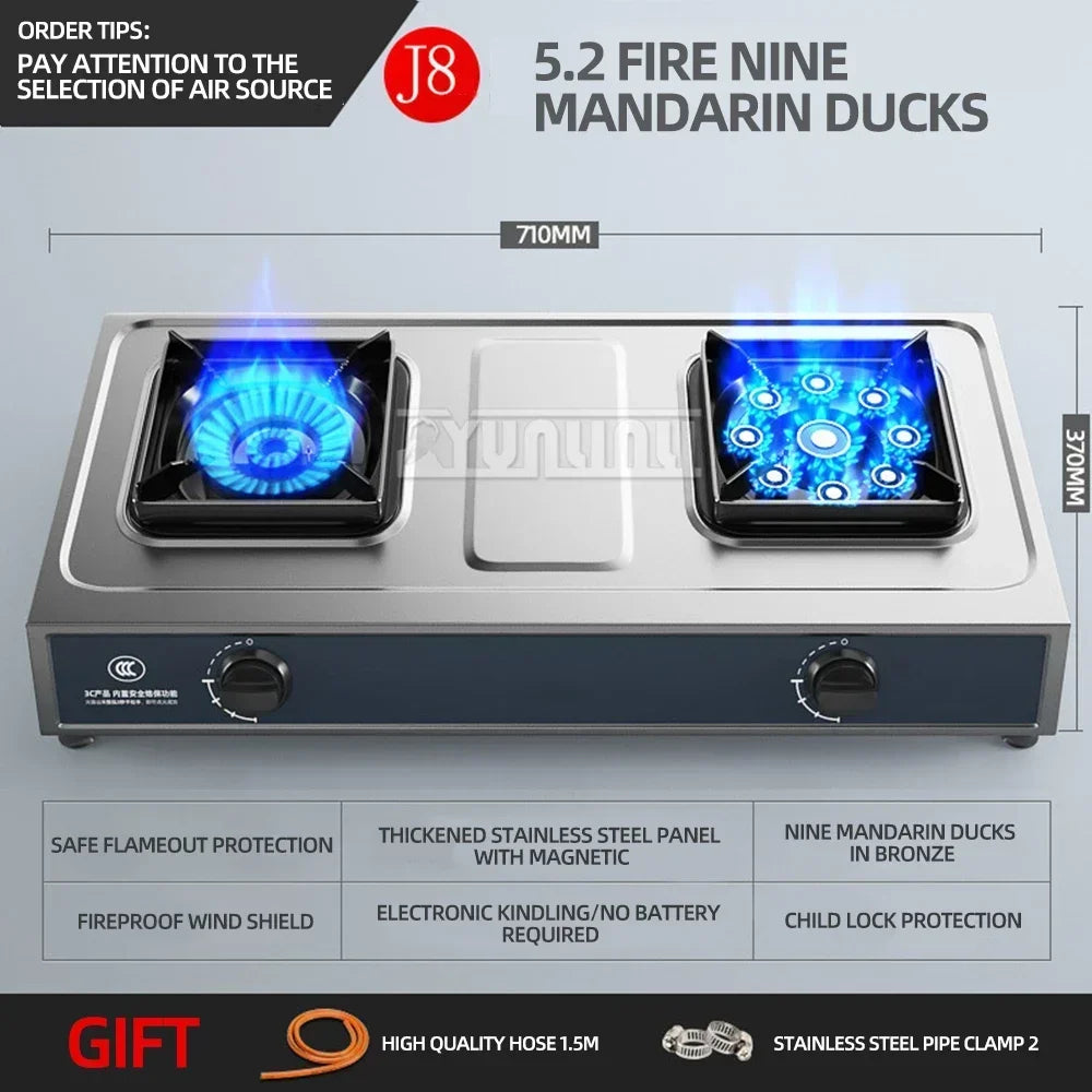 Double Burner Gas Stove – Stainless Steel High-Power Cooktop for Home Kitchen (Natural & LPG Gas)
