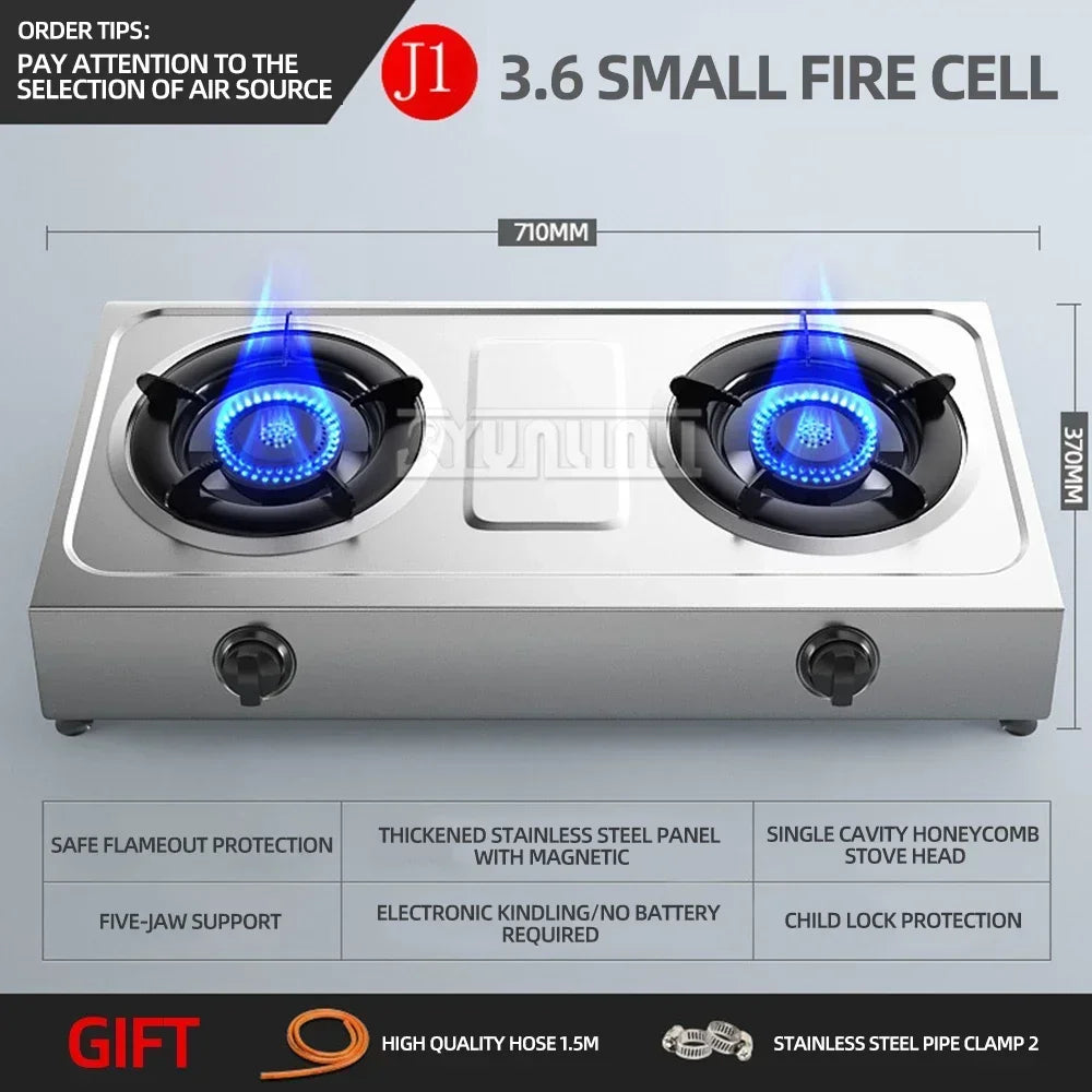 Double Burner Gas Stove – Stainless Steel High-Power Cooktop for Home Kitchen (Natural & LPG Gas)