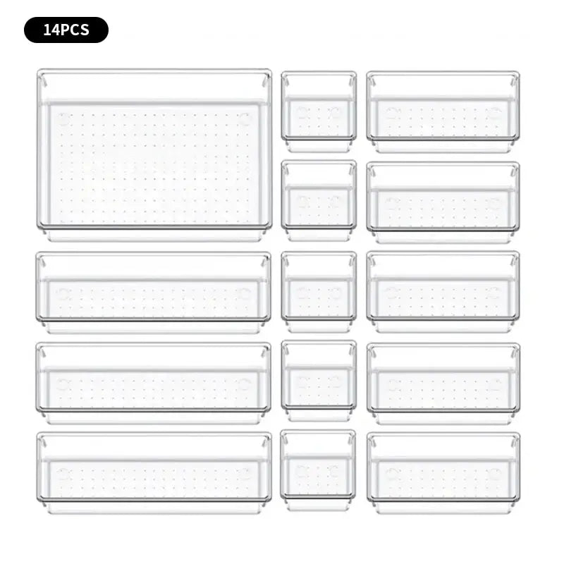 Clear Drawer Organizer Set – 7 or 14 Pcs Plastic Desk Dividers for Makeup, Jewelry & Office