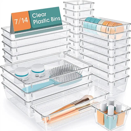 Clear Drawer Organizer Set – 7 or 14 Pcs Plastic Desk Dividers for Makeup, Jewelry & Office