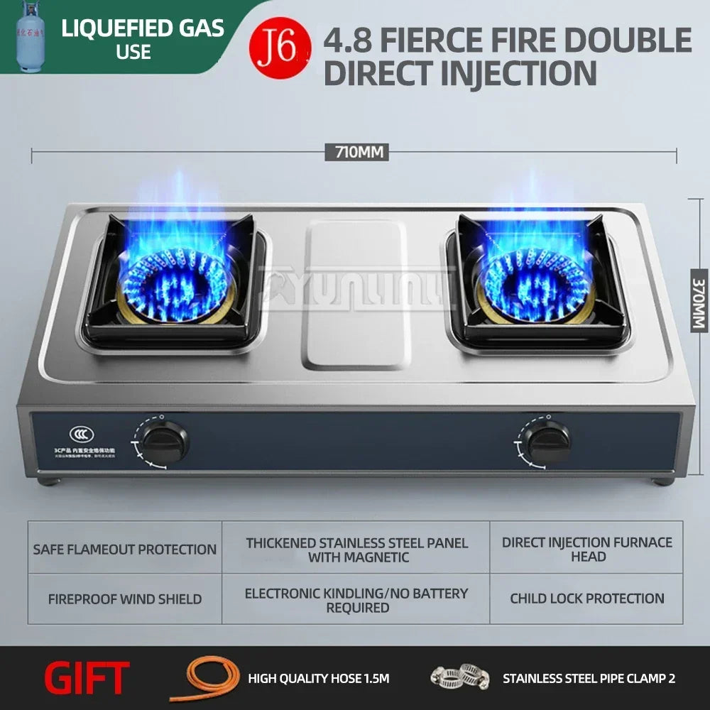 Double Burner Gas Stove – Stainless Steel High-Power Cooktop for Home Kitchen (Natural & LPG Gas)