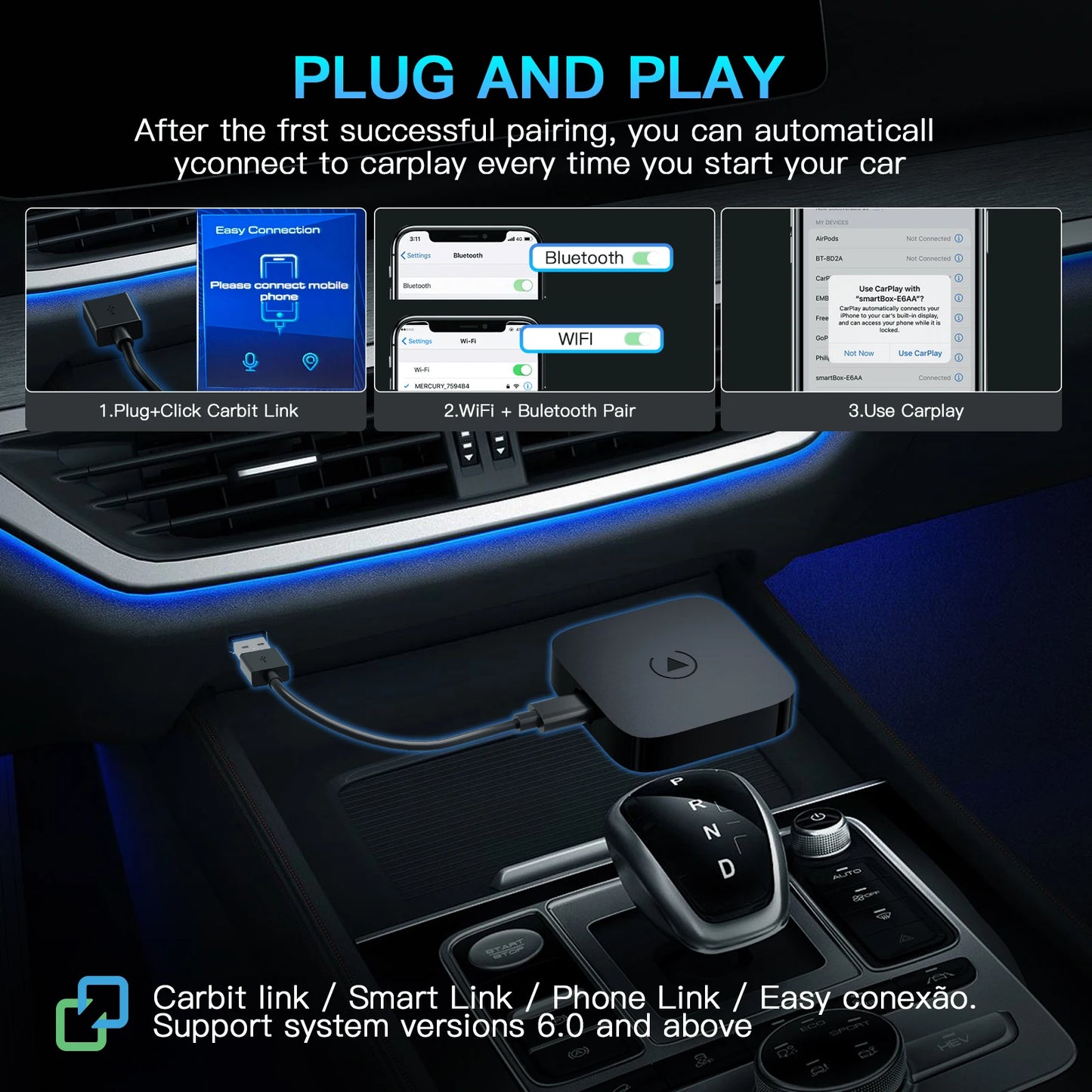 Wireless CarPlay & Android Auto Adapter for Geely – USB Plug & Play for Tugella, Monjaro, Atlas Pro & More