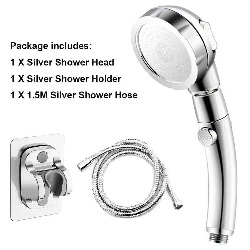 High Pressure Shower Head – 3 Spray Modes, Water Saving, with Hose & Holder (Gold/Silver)
