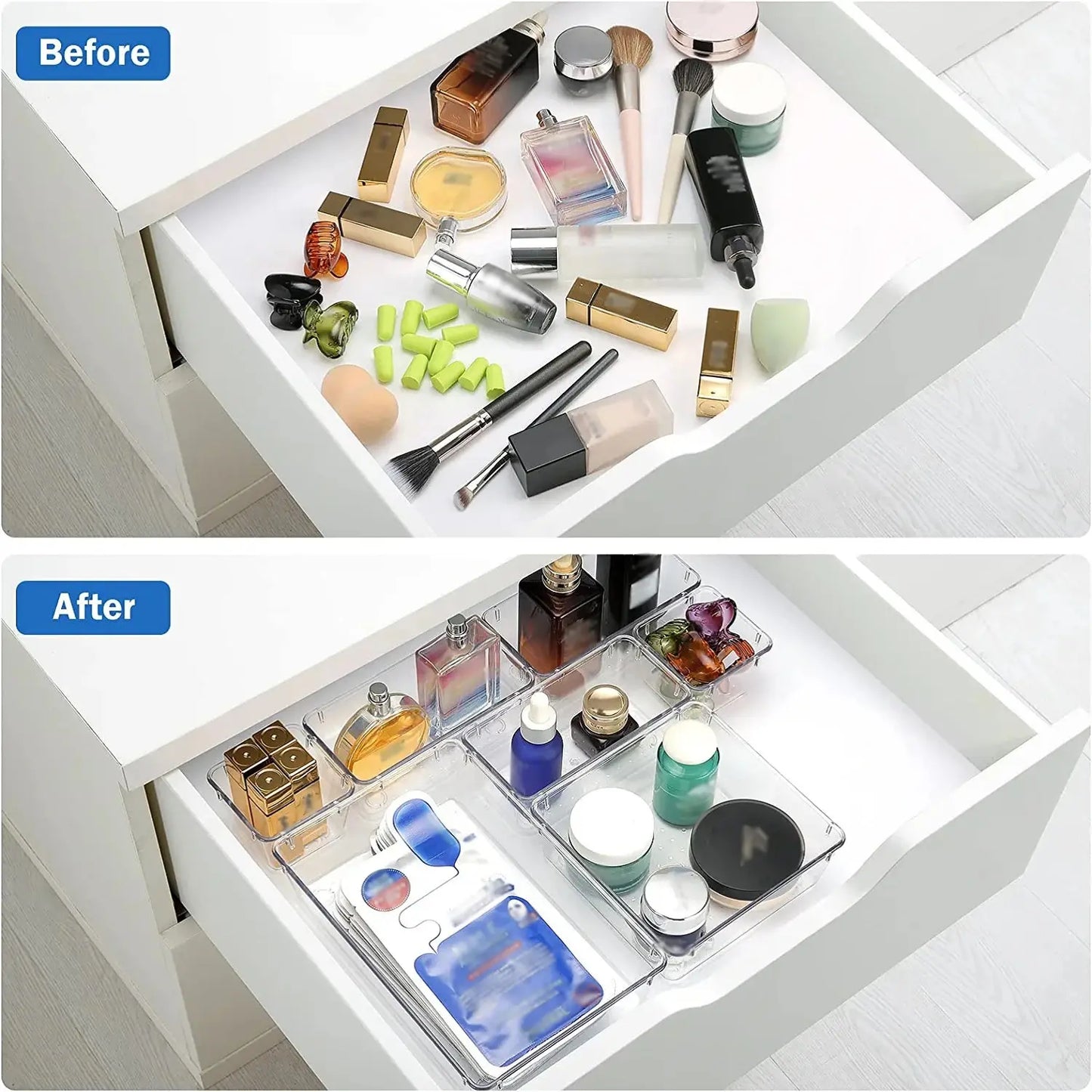 Clear Drawer Organizer Set – 7 or 14 Pcs Plastic Desk Dividers for Makeup, Jewelry & Office