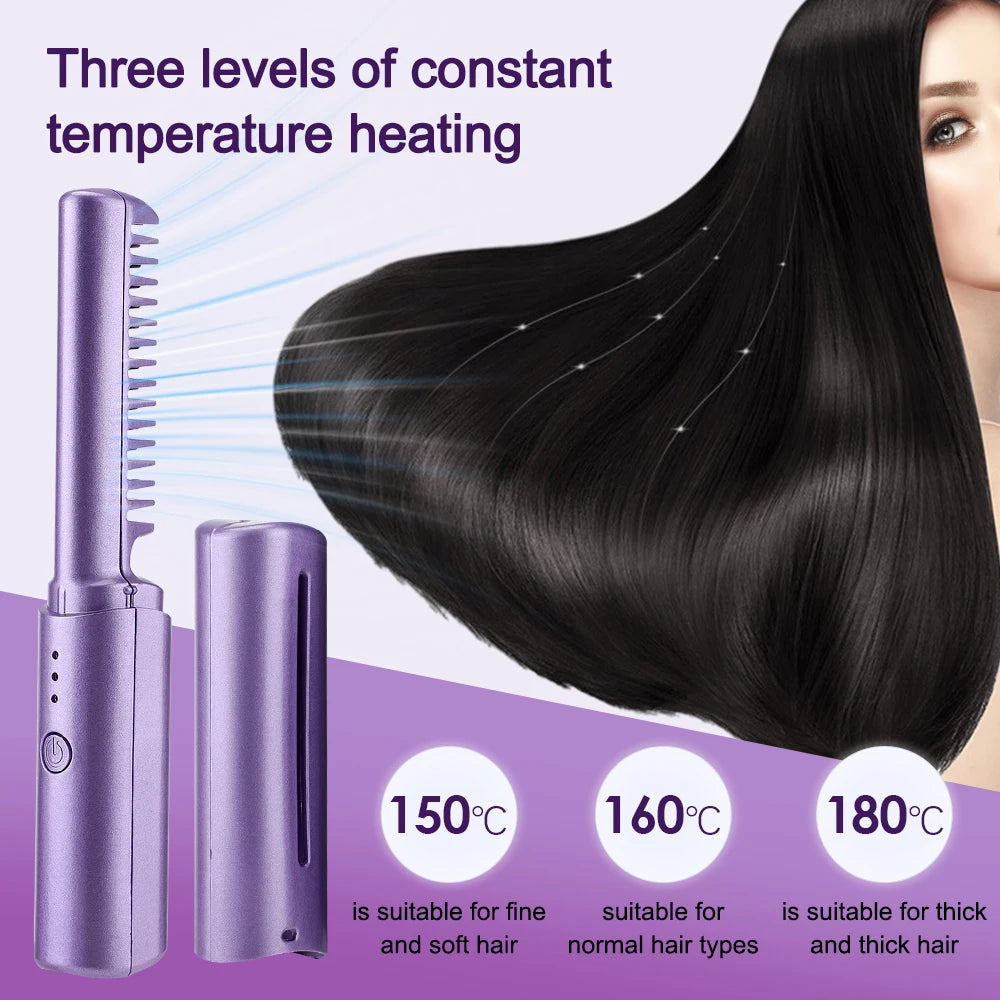 2-in-1 Electric Hot Heating Comb Hair Straightener Iron Straightening Brush Fast Charging Wet Dry Use Quick Hair Styling Tool