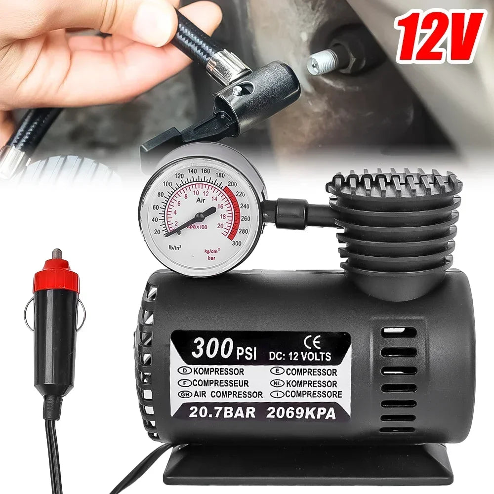 DC 12V 300PSI Portable Car Air Pump, Compact Tire Inflator with Pressure Gauge for Cars, Bikes & Sports Balls