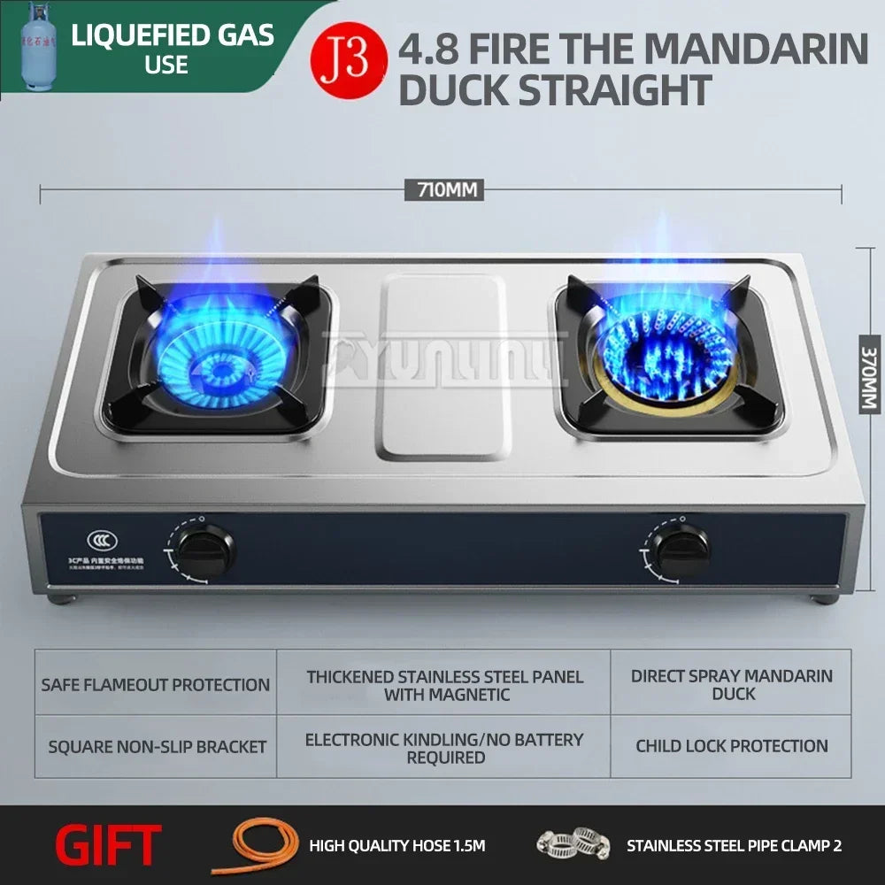 Double Burner Gas Stove – Stainless Steel High-Power Cooktop for Home Kitchen (Natural & LPG Gas)