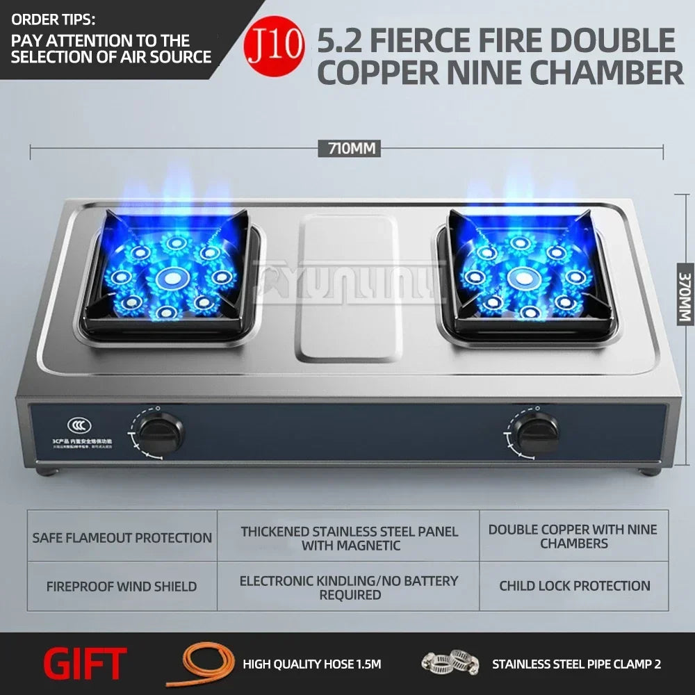 Double Burner Gas Stove – Stainless Steel High-Power Cooktop for Home Kitchen (Natural & LPG Gas)