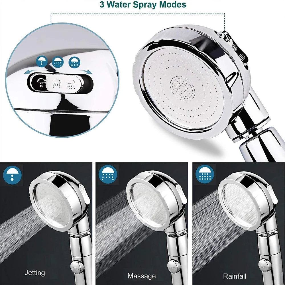 High Pressure Shower Head – 3 Spray Modes, Water Saving, with Hose & Holder (Gold/Silver)