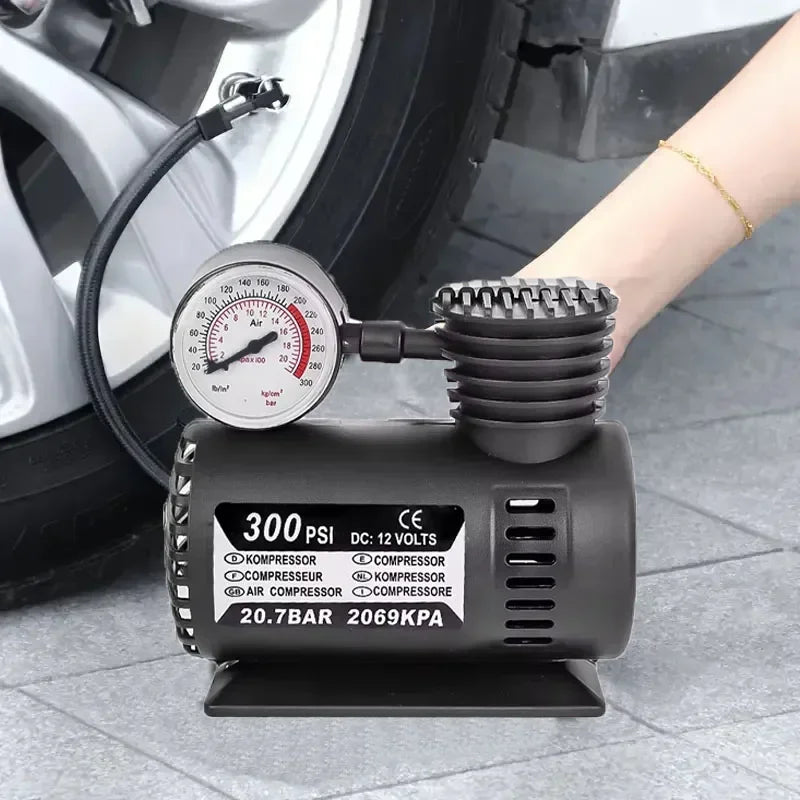 DC 12V 300PSI Portable Car Air Pump, Compact Tire Inflator with Pressure Gauge for Cars, Bikes & Sports Balls