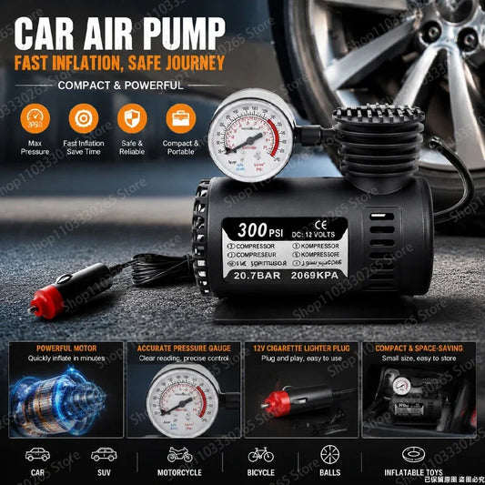 DC 12V 300PSI Portable Car Air Pump, Compact Tire Inflator with Pressure Gauge for Cars, Bikes & Sports Balls