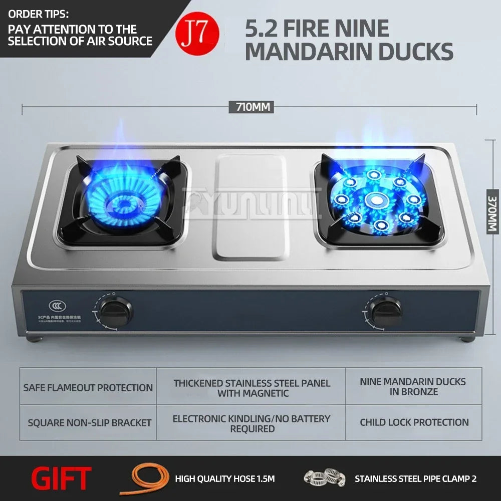 Double Burner Gas Stove – Stainless Steel High-Power Cooktop for Home Kitchen (Natural & LPG Gas)