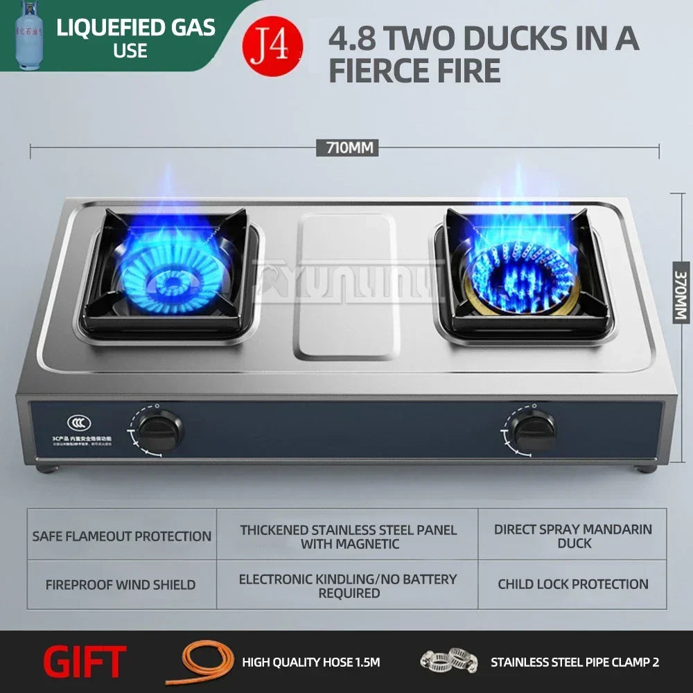 Double Burner Gas Stove – Stainless Steel High-Power Cooktop for Home Kitchen (Natural & LPG Gas)