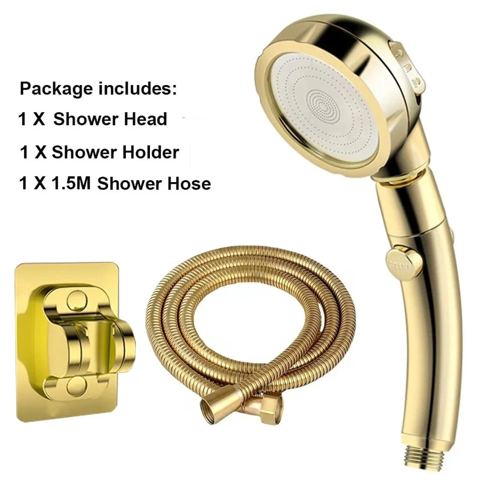 High Pressure Shower Head – 3 Spray Modes, Water Saving, with Hose & Holder (Gold/Silver)