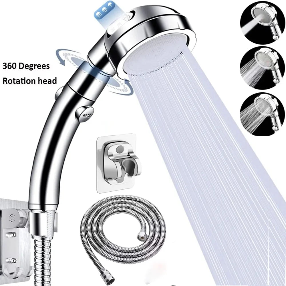 High Pressure Shower Head – 3 Spray Modes, Water Saving, with Hose & Holder (Gold/Silver)