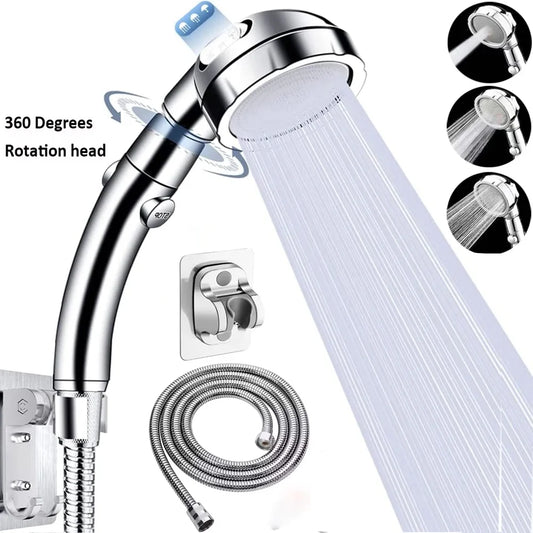 High Pressure Shower Head – 3 Spray Modes, Water Saving, with Hose & Holder (Gold/Silver)