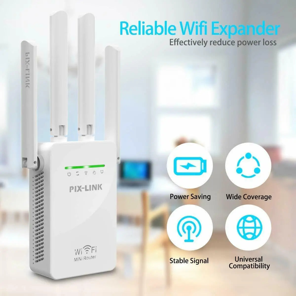 PIX-LINK 300Mbps WiFi Repeater & Router – Long-Range Signal Booster with 4 Antennas (AU/UK/US/EU Plug)