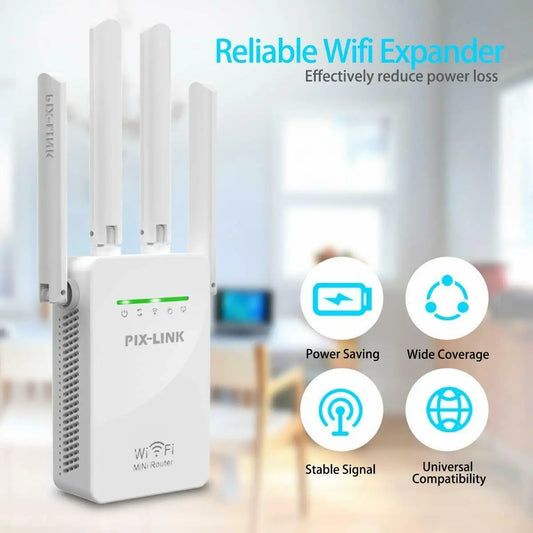 PIX-LINK 300Mbps WiFi Repeater & Router – Long-Range Signal Booster with 4 Antennas (AU/UK/US/EU Plug)